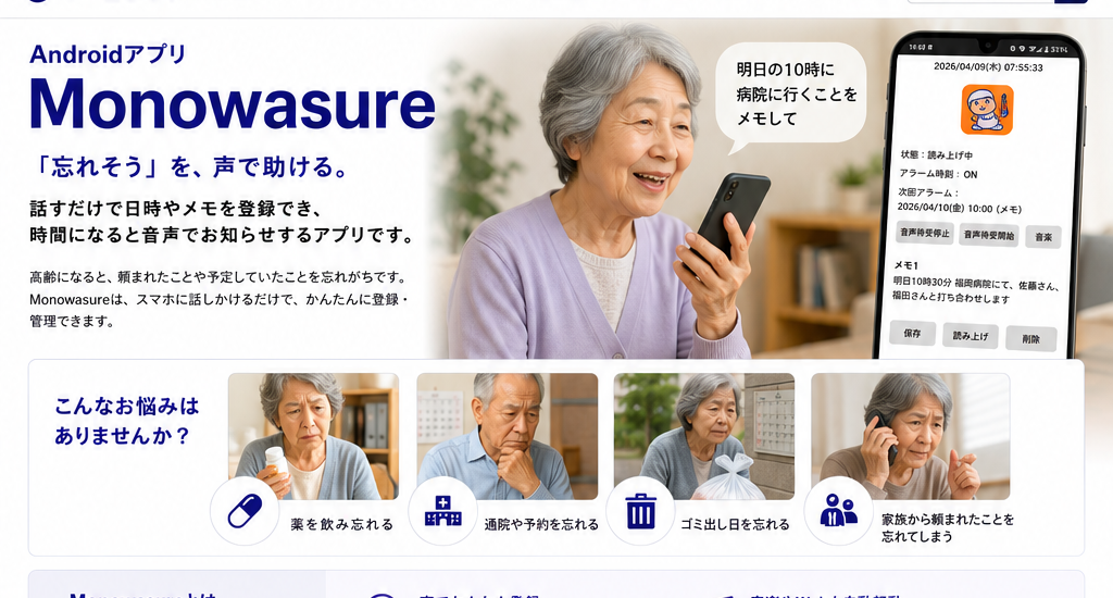 Monowasureは、薬の飲み忘れ、通院予約、ゴミ出し、家族から頼まれたことなどを音声で支援します